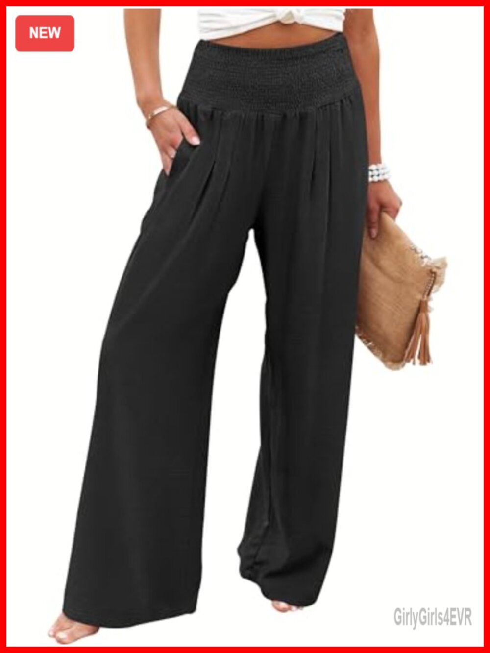 Women's Wide Leg Palazzo Pants Smocked High Waist with Pockets